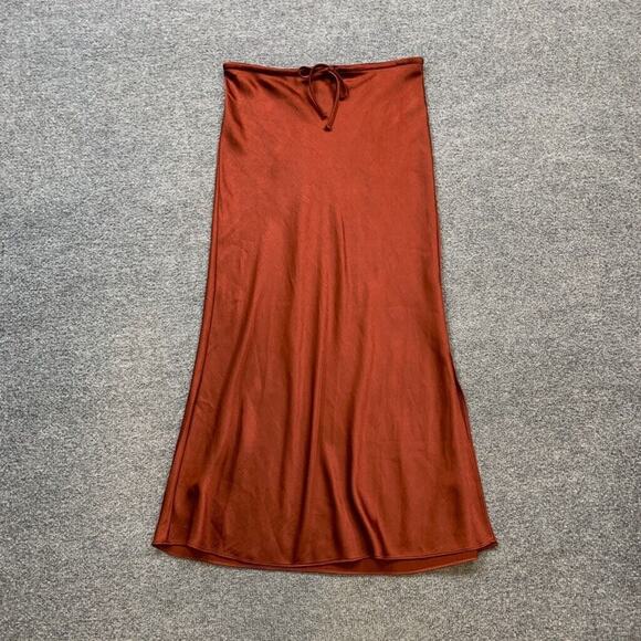 Madewell Skirt Womens 0 Cocoa Satin Slip Pull On Drawstring Side Slit Midi - Picture 2 of 10